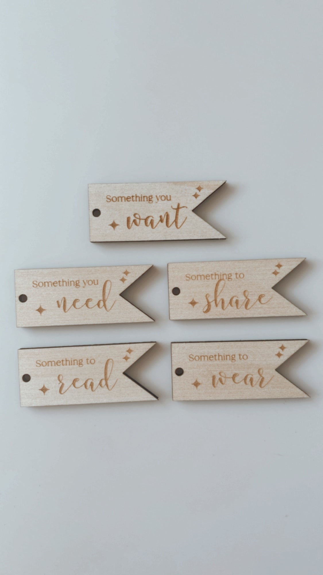 Mindful Present tags - Want, Need, Read, Wear, Share tags