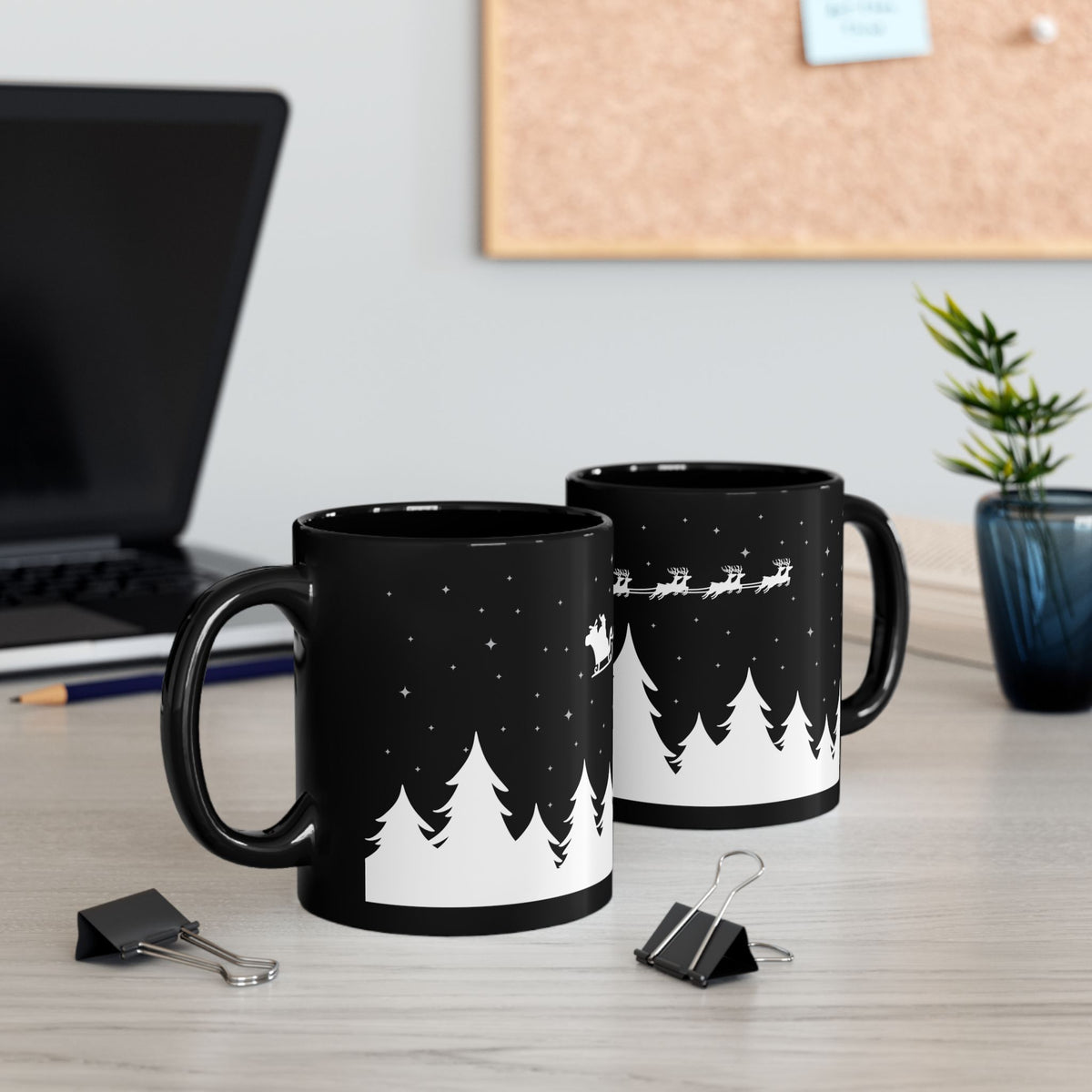 Christmas Night Santa Mug – Black Holiday Coffee Cup with Sleigh & Pine Tree Silhouette (11oz, 15oz)