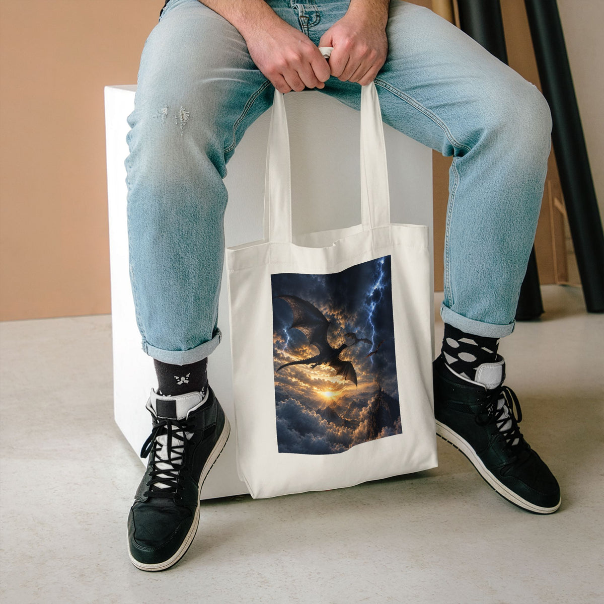 Dragon Storm Cotton Tote Bag — Fantasy Lightning Sky Tote for Book Lovers & Gamers