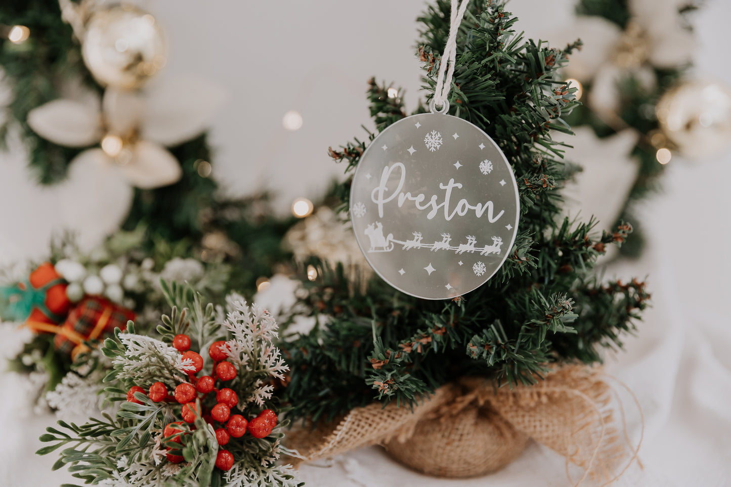 Personalised engraved acrylic christmas tree bauble santa's sleigh