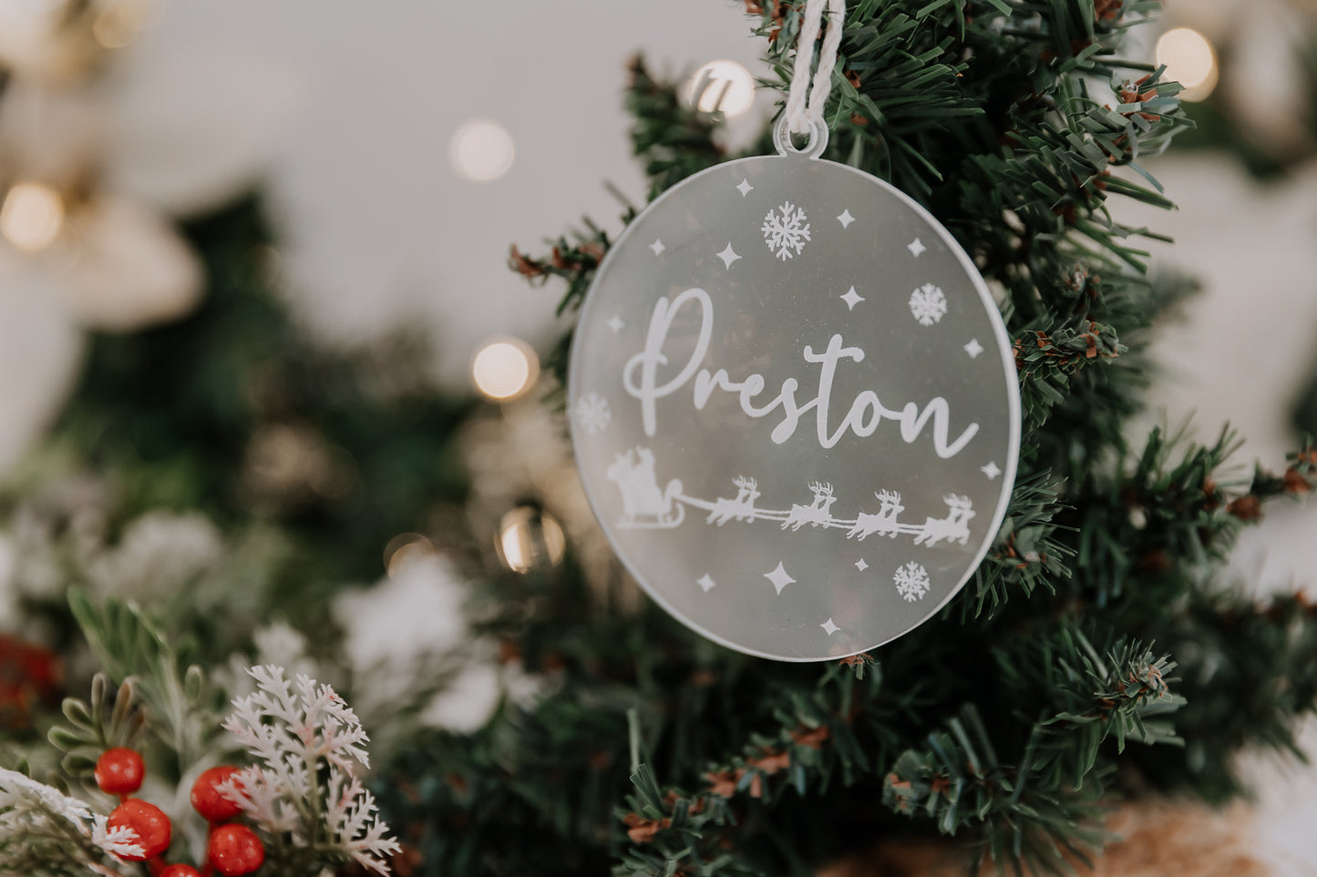 Personalised engraved acrylic christmas tree bauble santa's sleigh