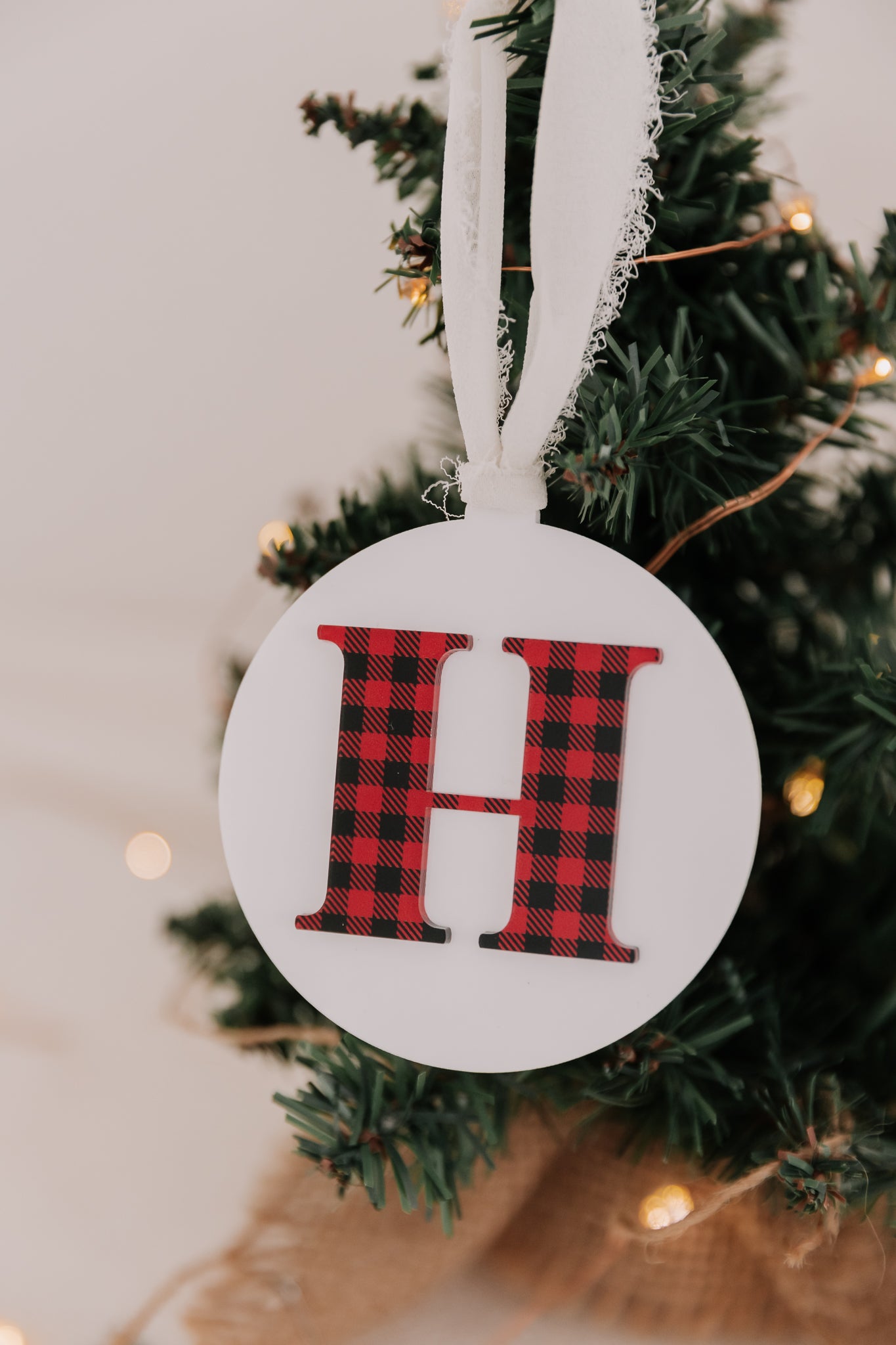 Plaid Christmas Acrylic Initial Bauble