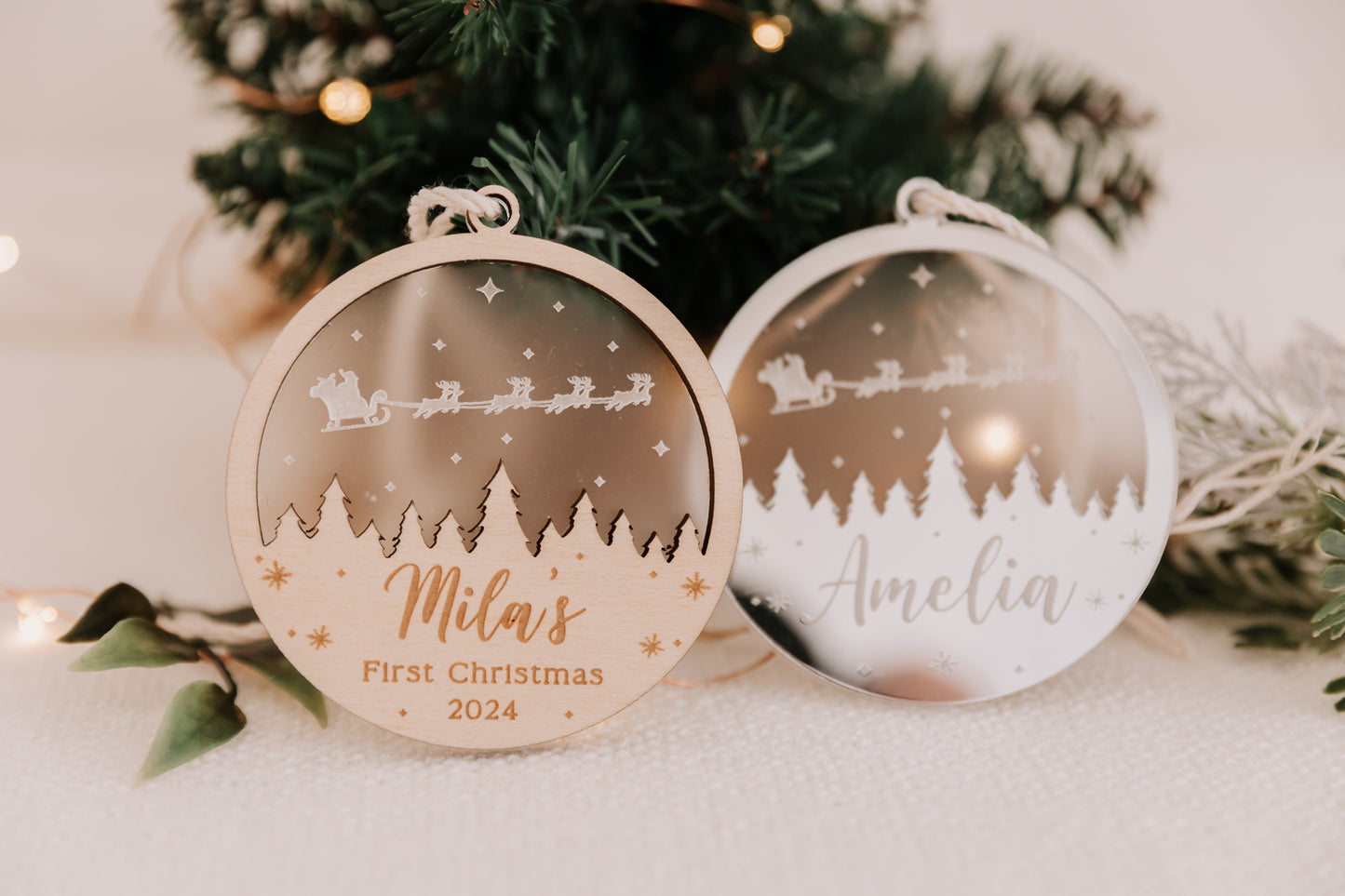 Starry Night Christmas Tree Bauble, engraved personalised wood and acrylic xmas bauble