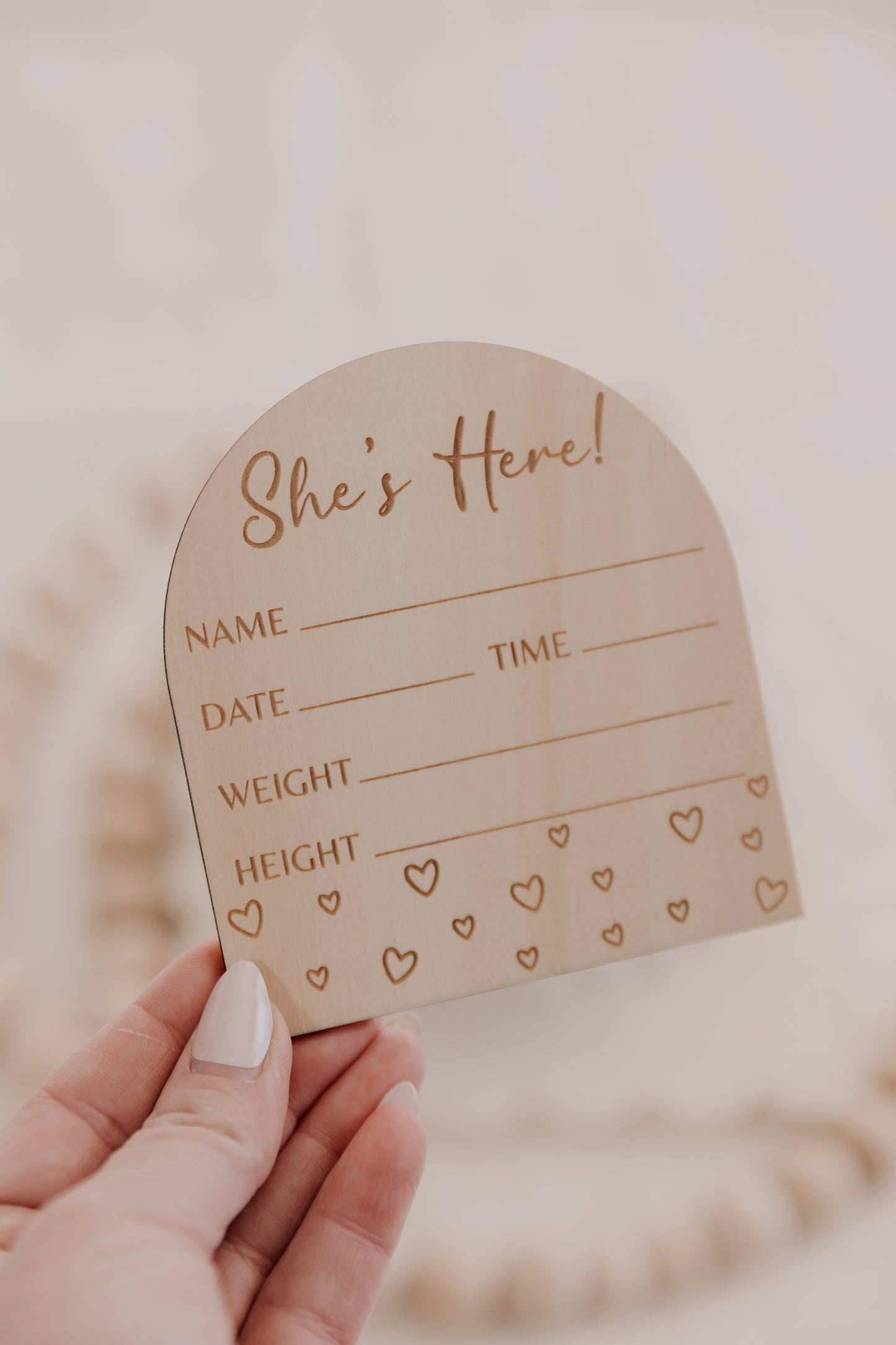 Wooden engraved hearts baby birth announcement plaque, she's here birth announcement disc for girl, little engraved hearts