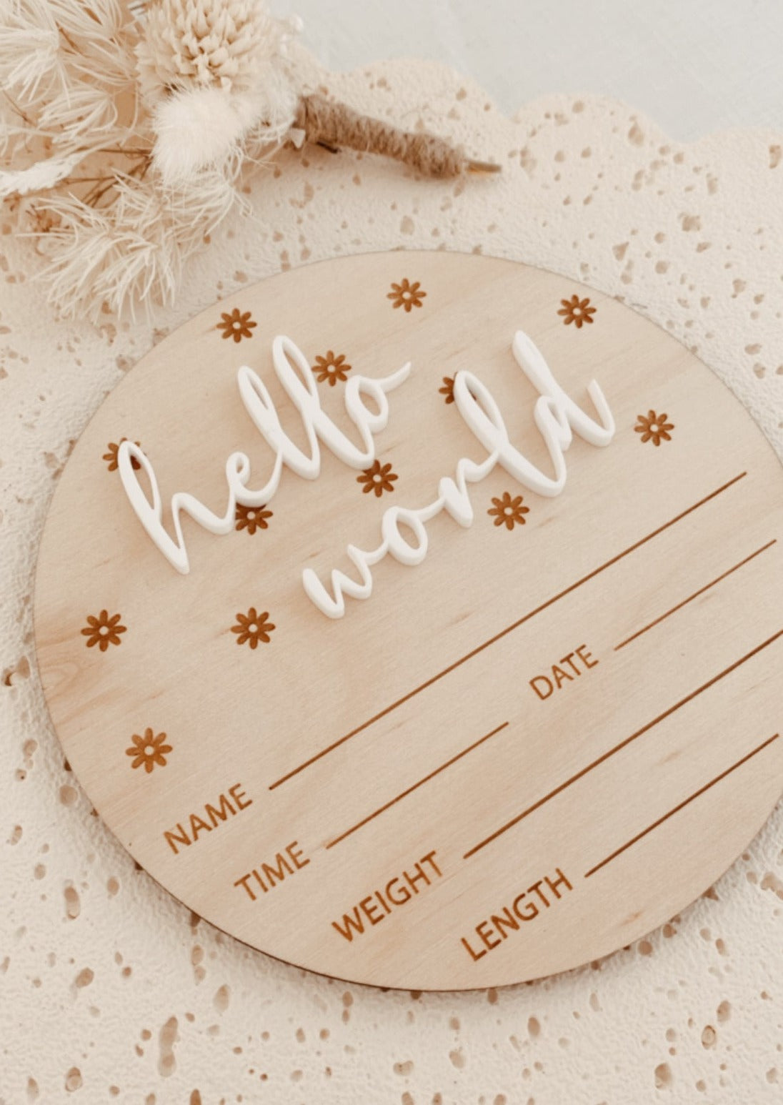 Baby Birth Announcement Plaque Hello World engraved flowers, baby name disc birth details