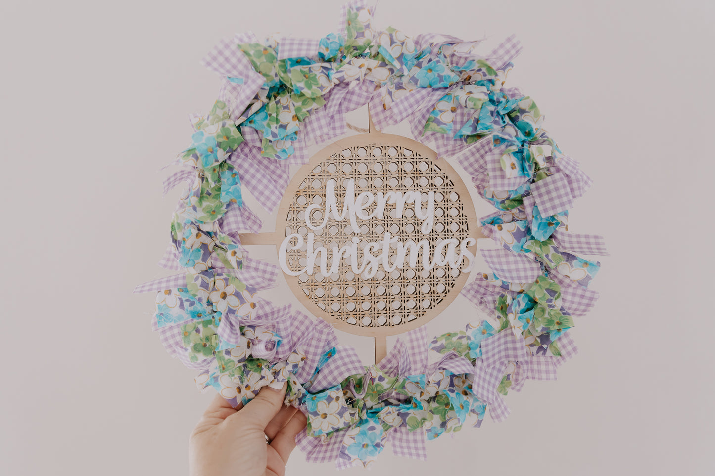 Rattan Christmas wreath vintage fabric, vintage Merry christmas wreath