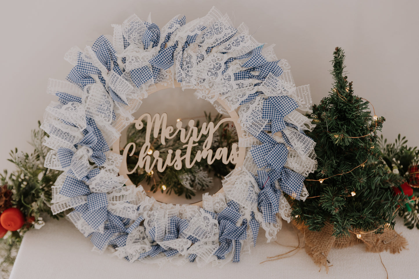 Fabric Christmas Hanging Wreath - Wooden Merry Christmas Cutout
