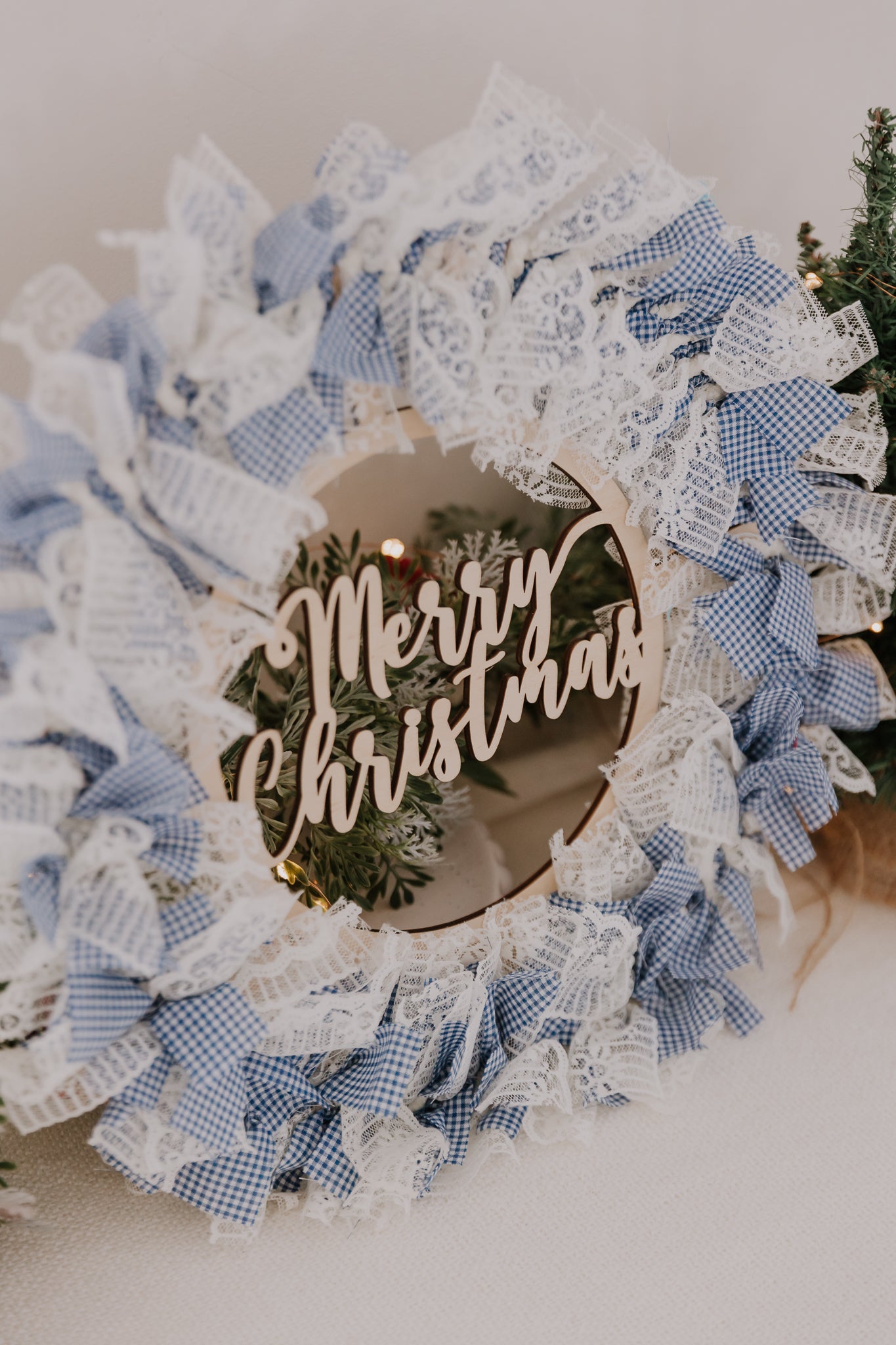 Merry Christmas Wood and Fabric Wreath, vintage fabric hanging wreath, Blue Lace