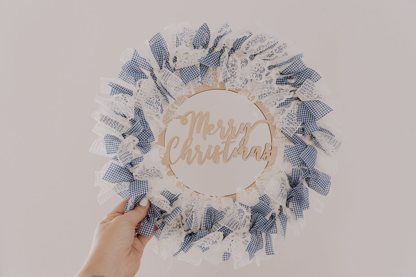 Merry Christmas Wooden and Vintage fabric lace christmas wreath Blue