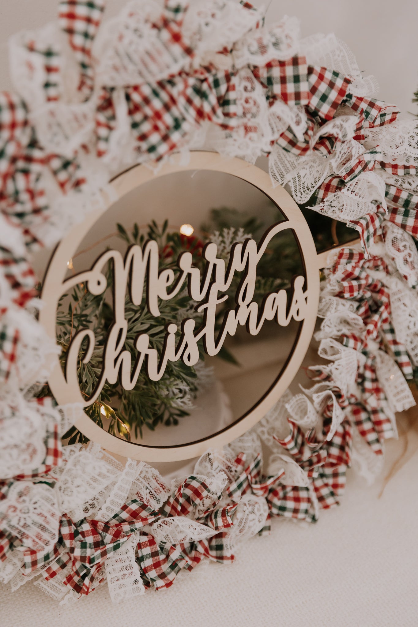 Merry Christmas Wood and Fabric Wreath, vintage fabric hanging wreath, tartan