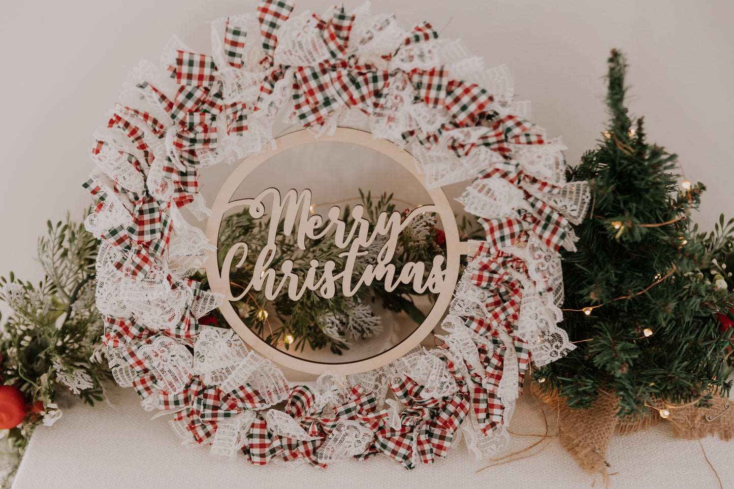 Merry Christmas Wood and Fabric Wreath, vintage fabric hanging wreath, tartan