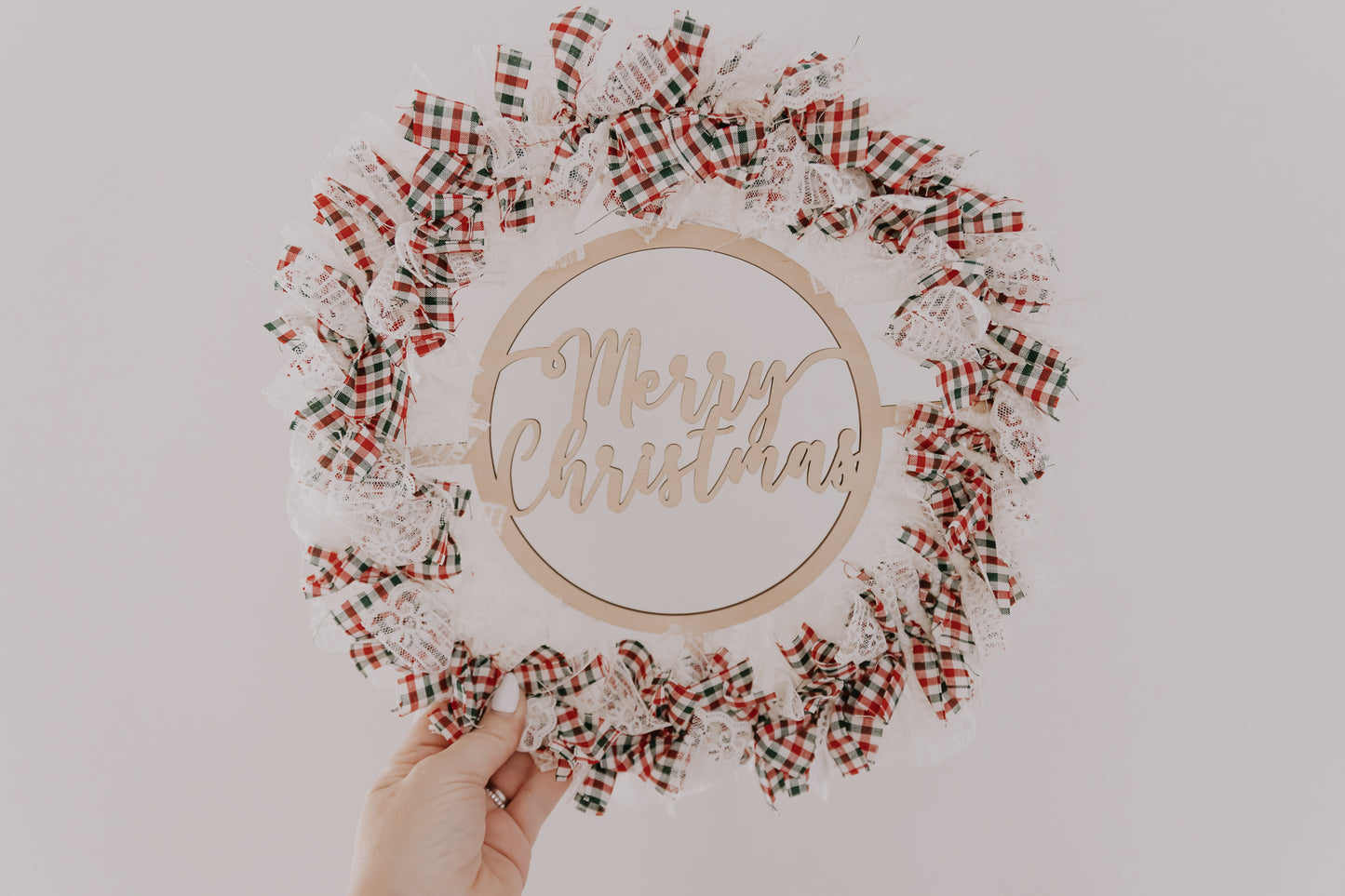 Merry Christmas Wood and Fabric Wreath, vintage fabric hanging wreath, tartan