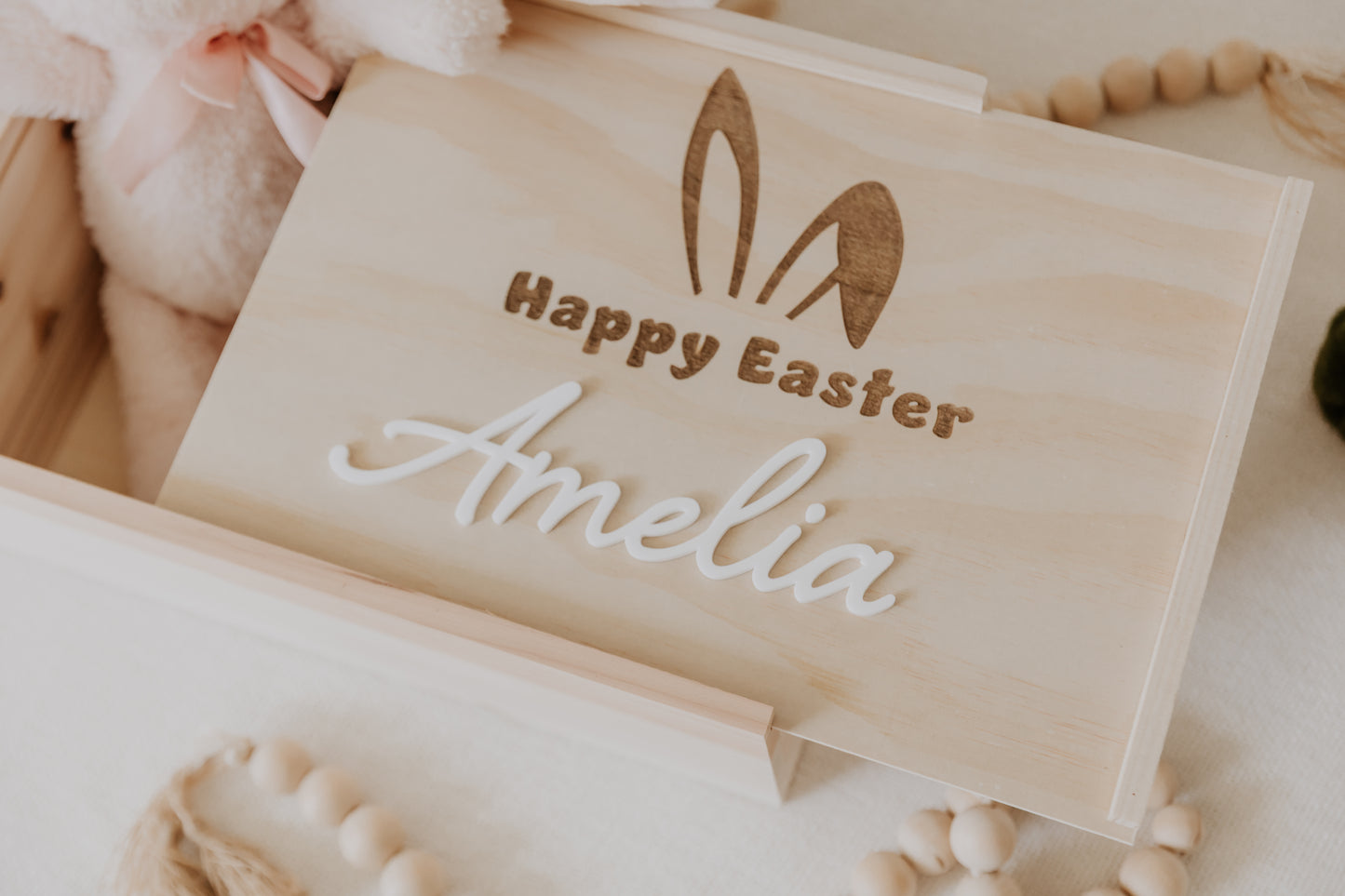 Wooden Easter Box with engraved Lid, Happy Easter and Bunny Ears personalised with name in white acrylic