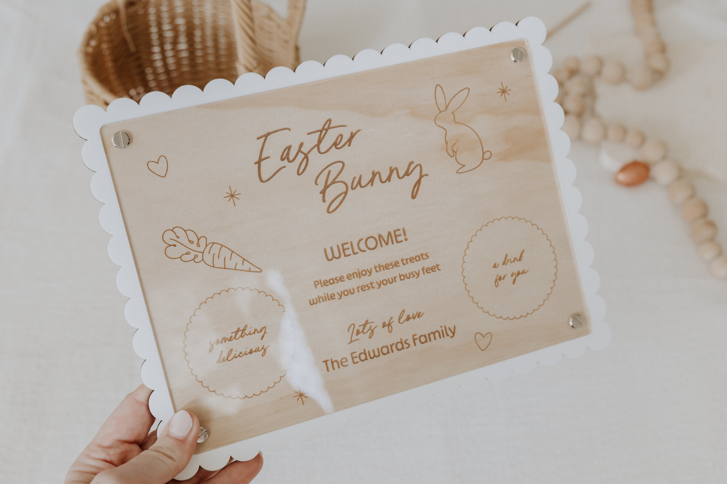 Wood and acrylic Easter Bunny Serving Treat Board Plate engraved and personalised with children's or family name, removable clear acrylic top