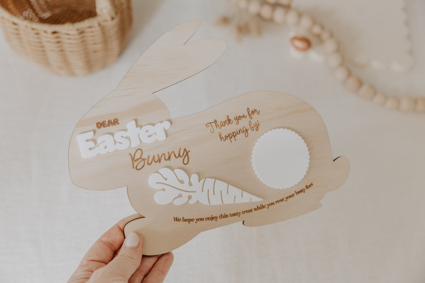 Wooden engraved Easter Bunny Shaped treat serving board tray with white acrylic features, thanks for hopping by