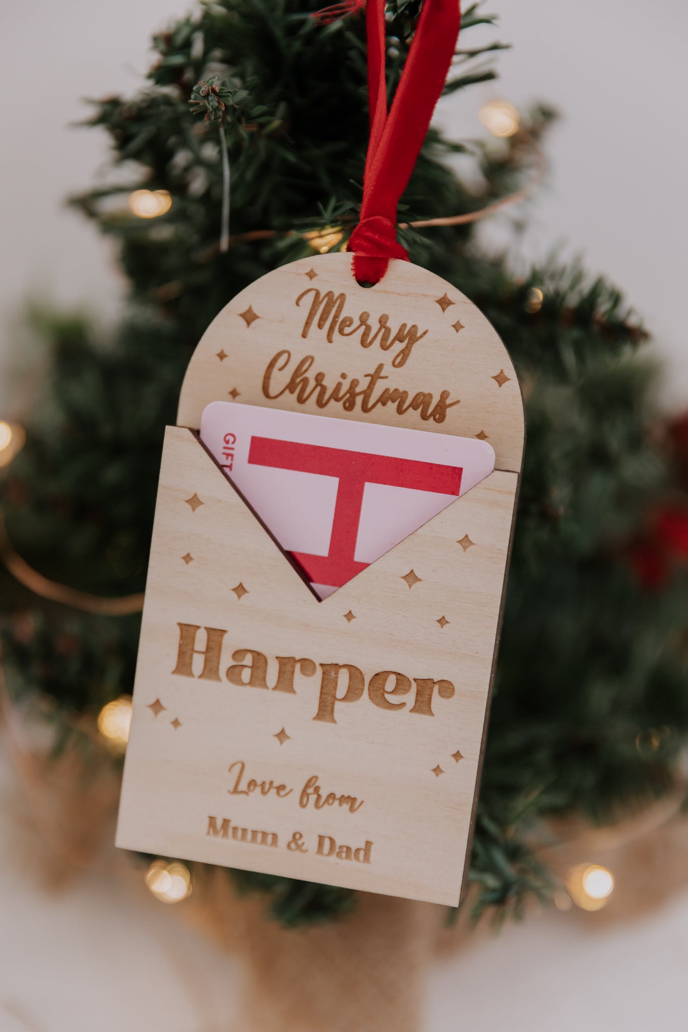 Personalised engraved wooden Christmas gift card holder