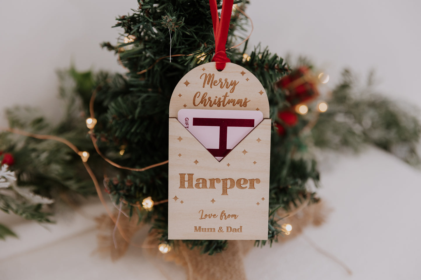 Personalised engraved wooden Christmas gift card holder