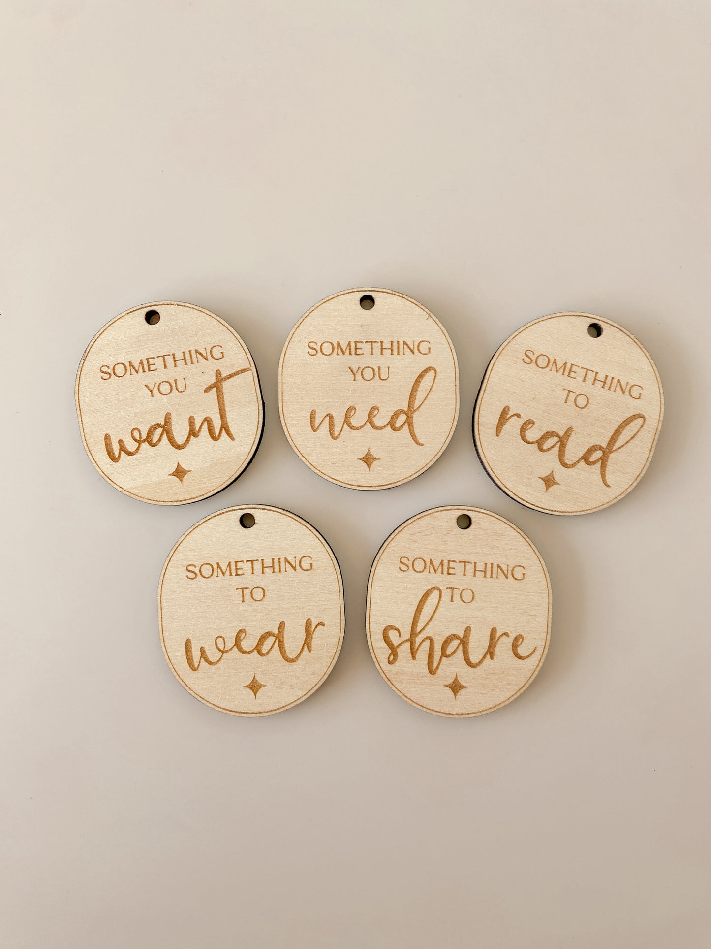 Mindful Present tags - Want, Need, Read, Wear, Share tags