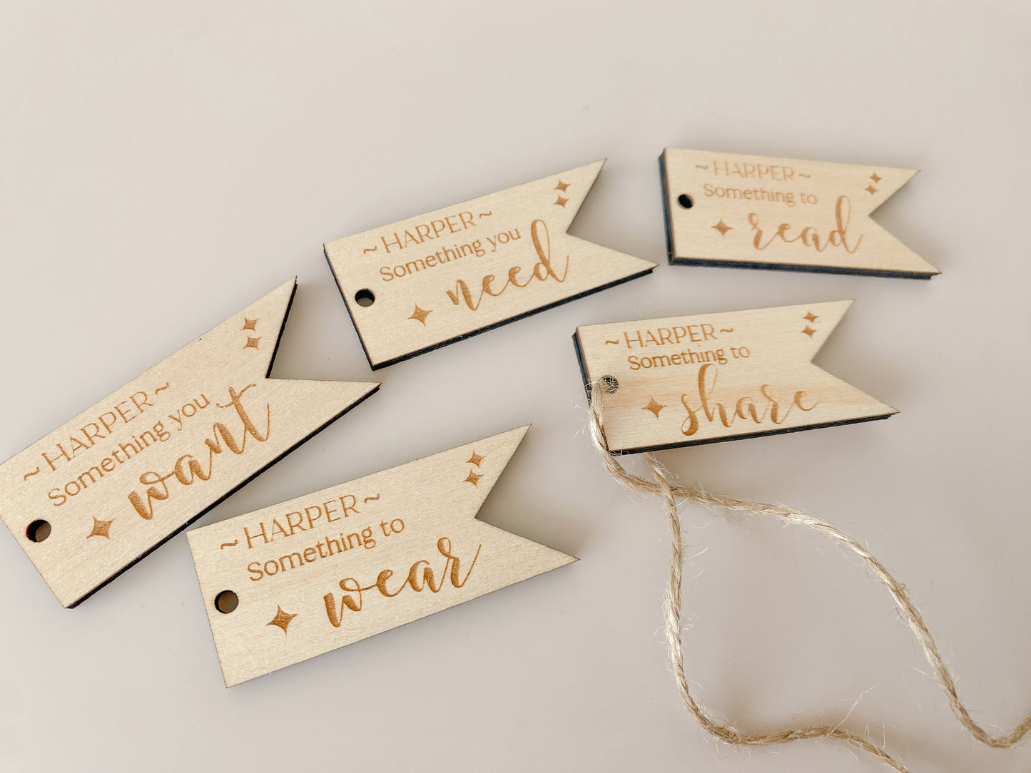 Mindful Present tags Personalised - Want, Need, Read, Wear, Share tags