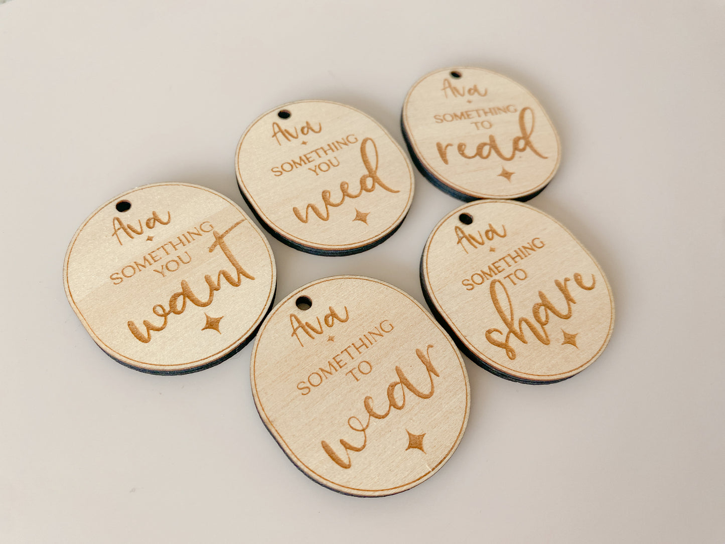 Mindful Present tags Personalised - Want, Need, Read, Wear, Share tags