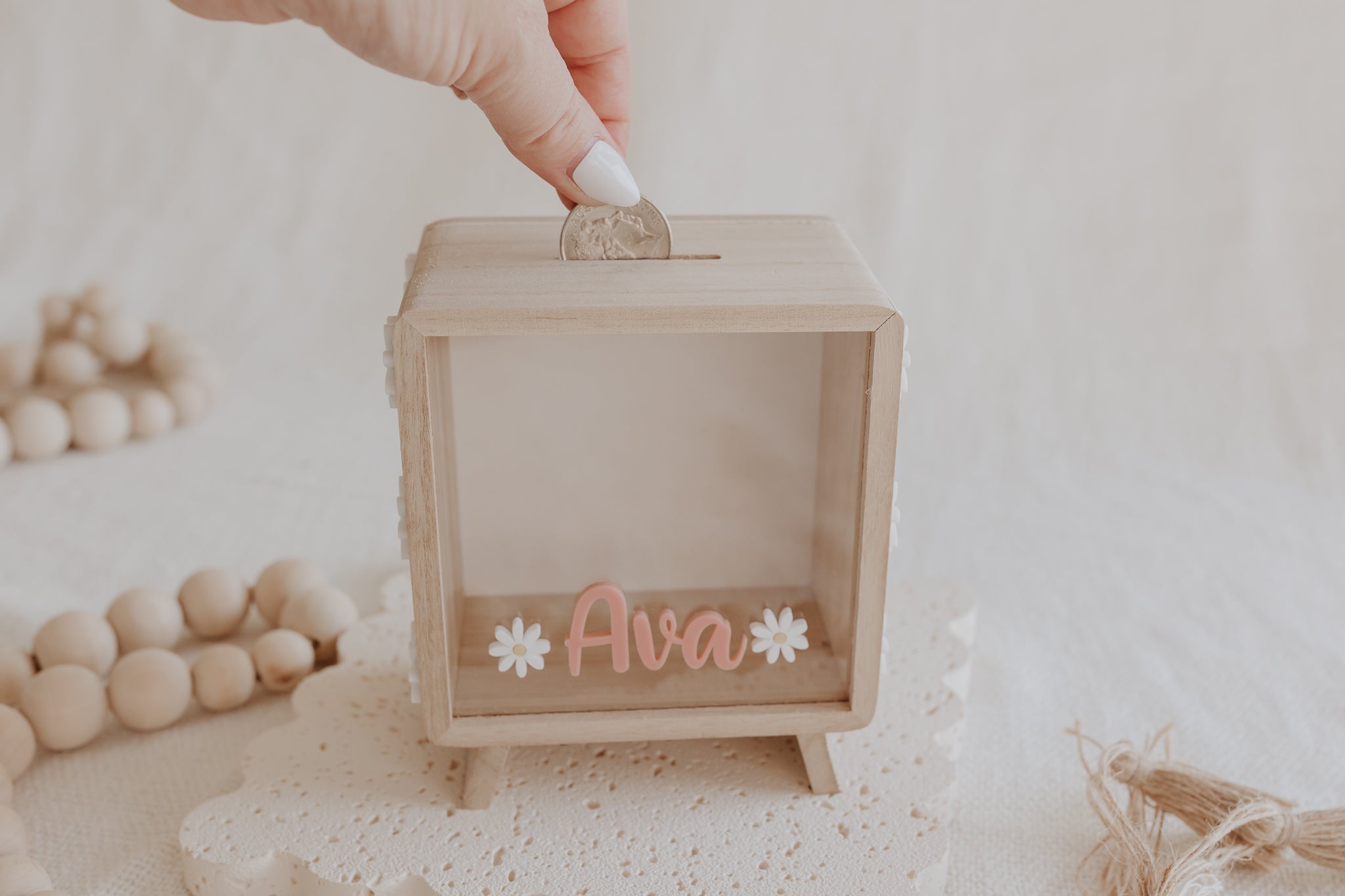 Kids Daisy wooden Money Box with personalised Acrylic Name