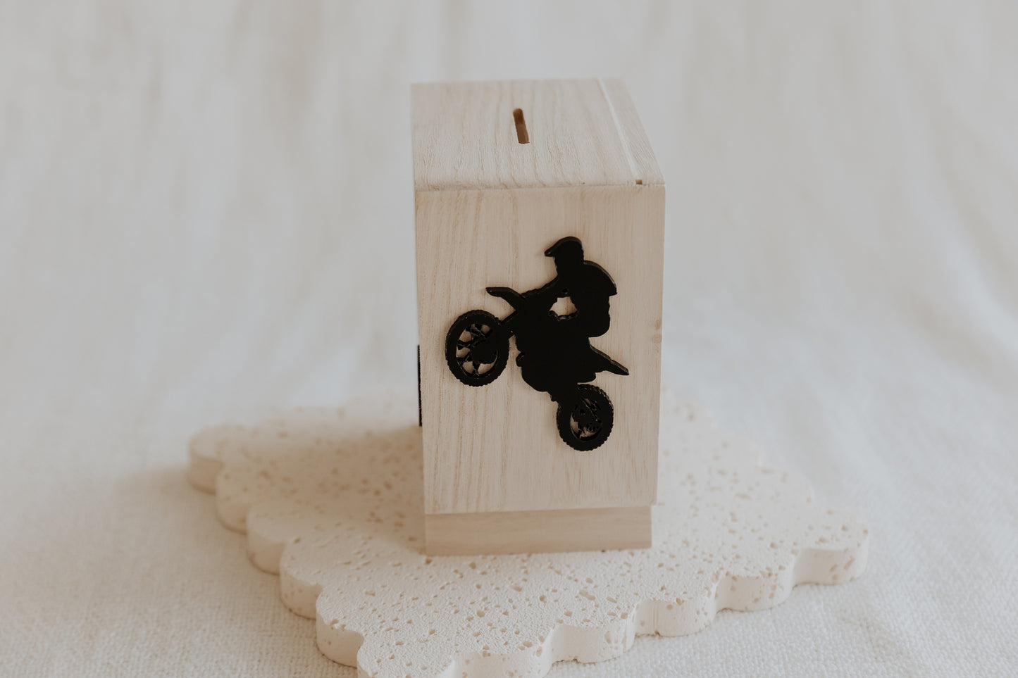 Wooden money box piggy bank motorbike dirt bike, savings box personalised, gifts for boys