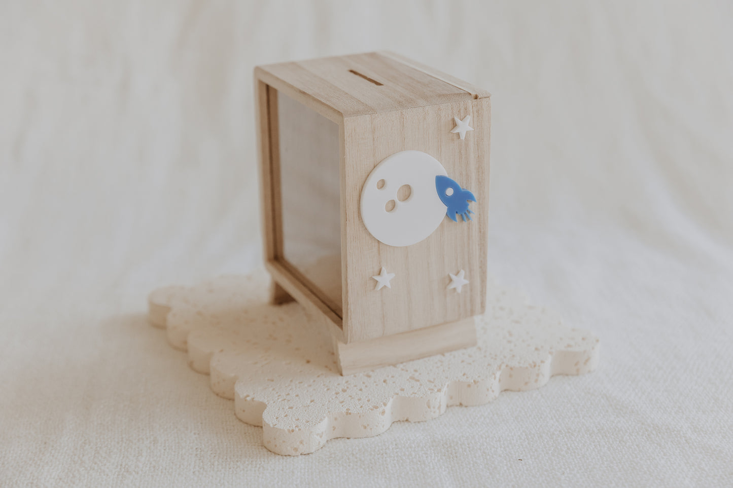 Moon Rocket Money box personalised piggy bank with stars, moneybox for boys, wooden custom kids money box