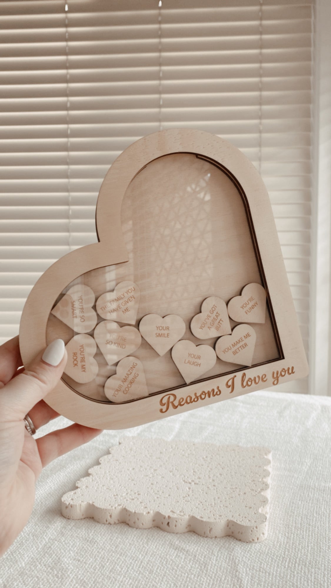Reasons I love you wooden heart shape box personalised with heart messages