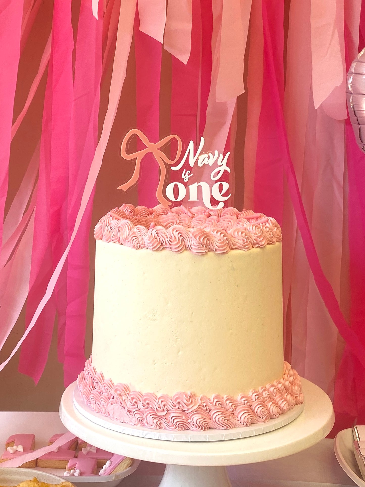 Pink Ribbon Bow First Birthday Cake Topper, baby is one pretty bow personalised cake topper, custom acrylic cake topper