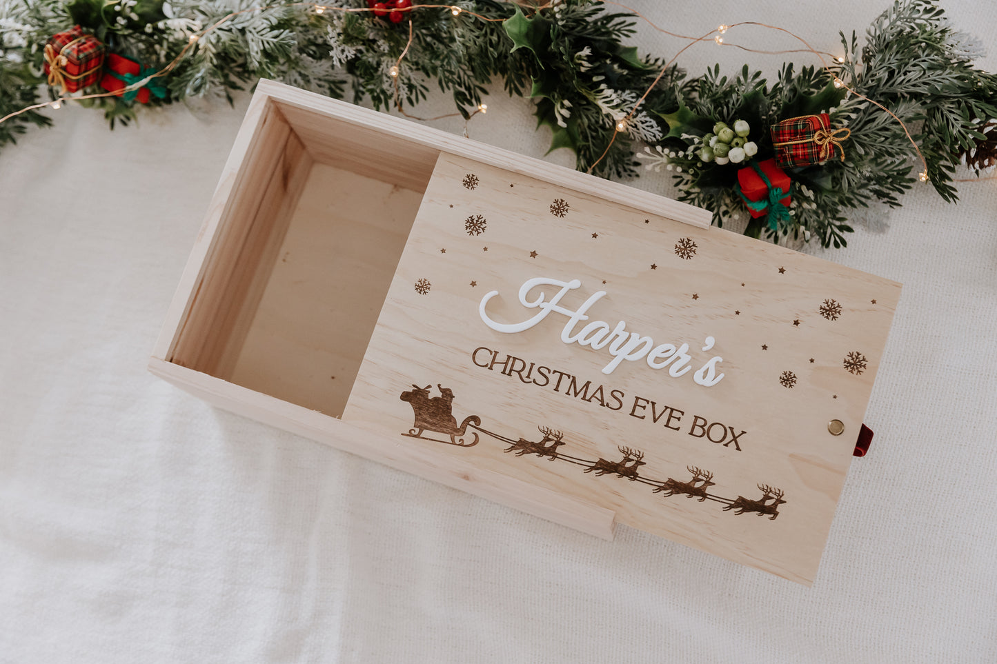 Wooden personalised christmas eve boxes, christmas boxes for kids xmas presents