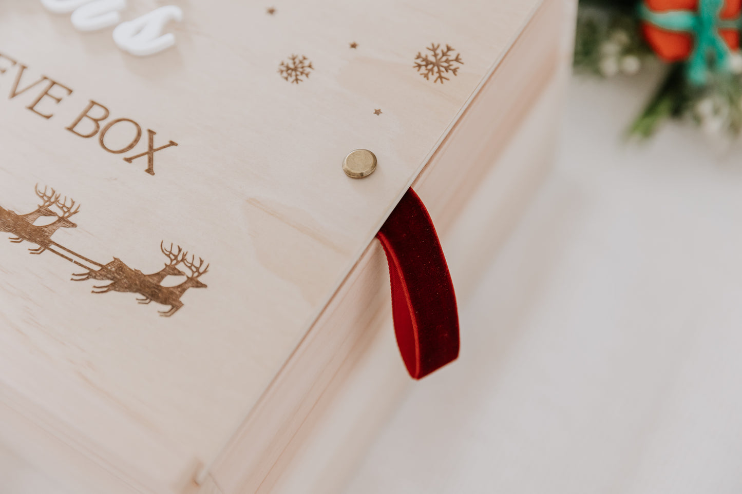 Wooden personalised christmas eve boxes, christmas boxes for kids xmas presents slide lid with velvet ribbon opening