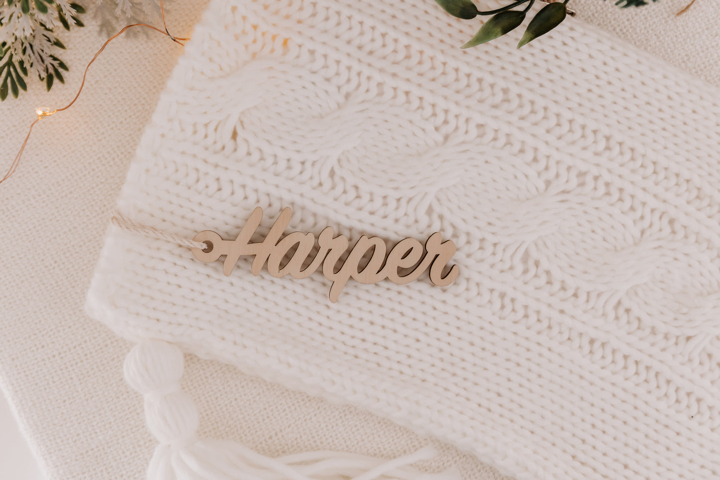 Christmas stocking name tag, wooden santa sack name