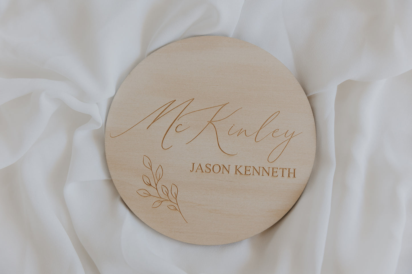 Kids Name Plaque for bedroom nursery. Pine engraved round name sign leaf design