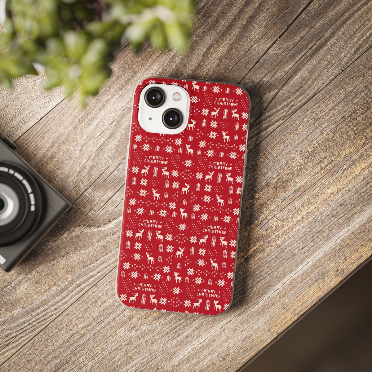 Christmas Ugly Sweater Reindeer Phone Case — "Merry Christmas" Red Holiday Flexi Case