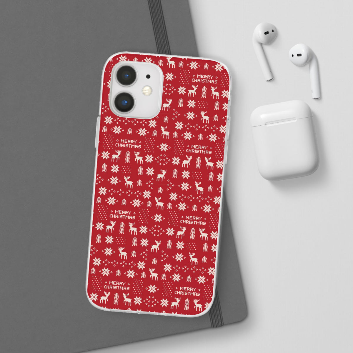 Christmas Ugly Sweater Reindeer Phone Case — "Merry Christmas" Red Holiday Flexi Case