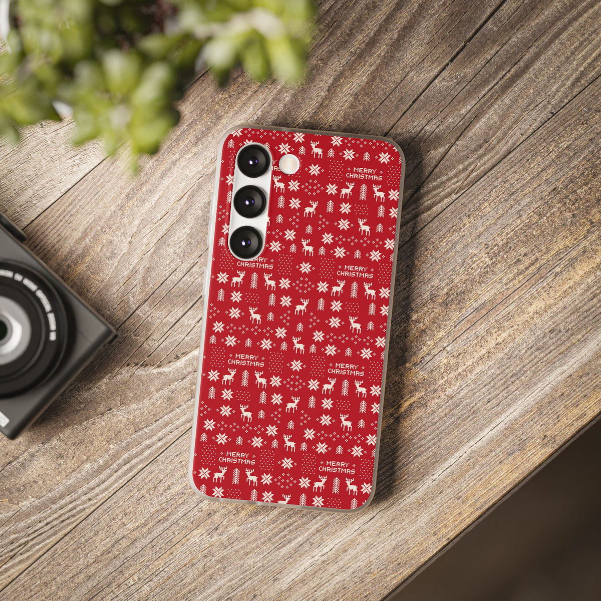 Christmas Ugly Sweater Reindeer Phone Case — "Merry Christmas" Red Holiday Flexi Case