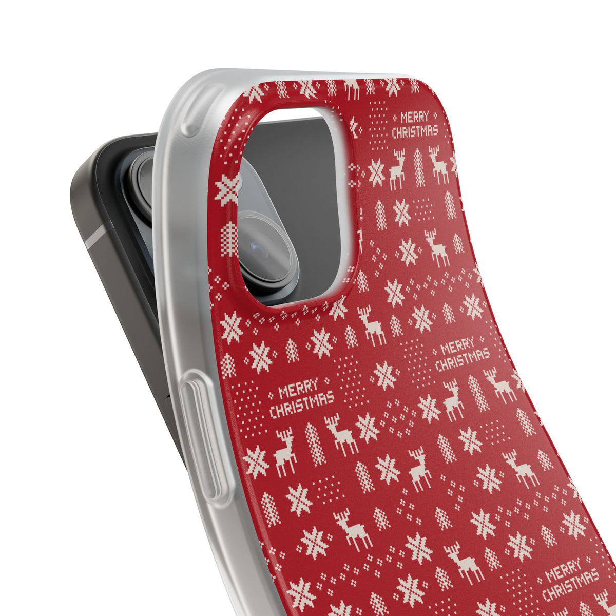 Christmas Ugly Sweater Reindeer Phone Case — "Merry Christmas" Red Holiday Flexi Case