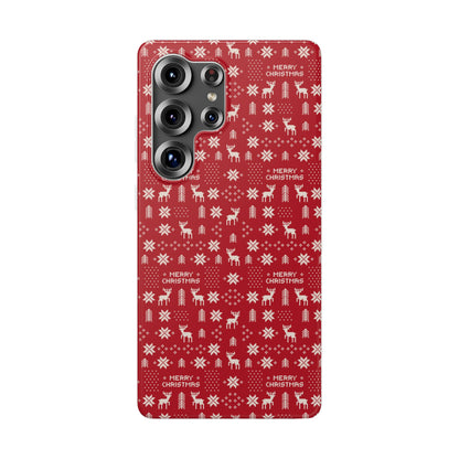 Christmas Ugly Sweater Reindeer Phone Case — "Merry Christmas" Red Holiday Flexi Case
