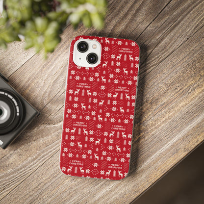 Christmas Ugly Sweater Reindeer Phone Case — "Merry Christmas" Red Holiday Flexi Case