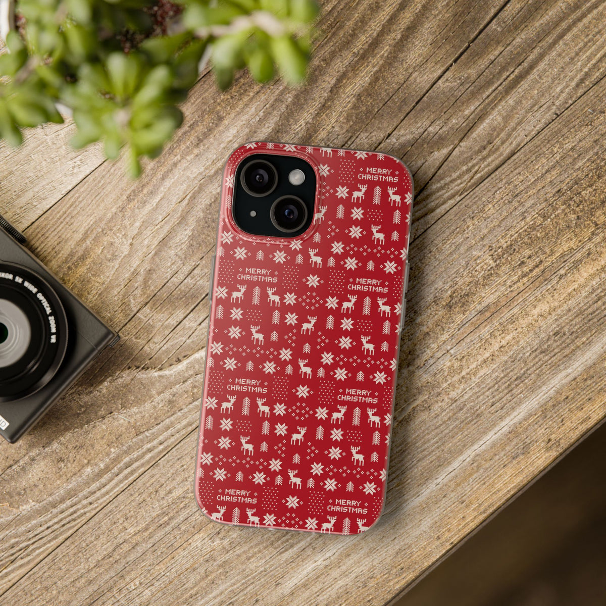Christmas Ugly Sweater Reindeer Phone Case — "Merry Christmas" Red Holiday Flexi Case