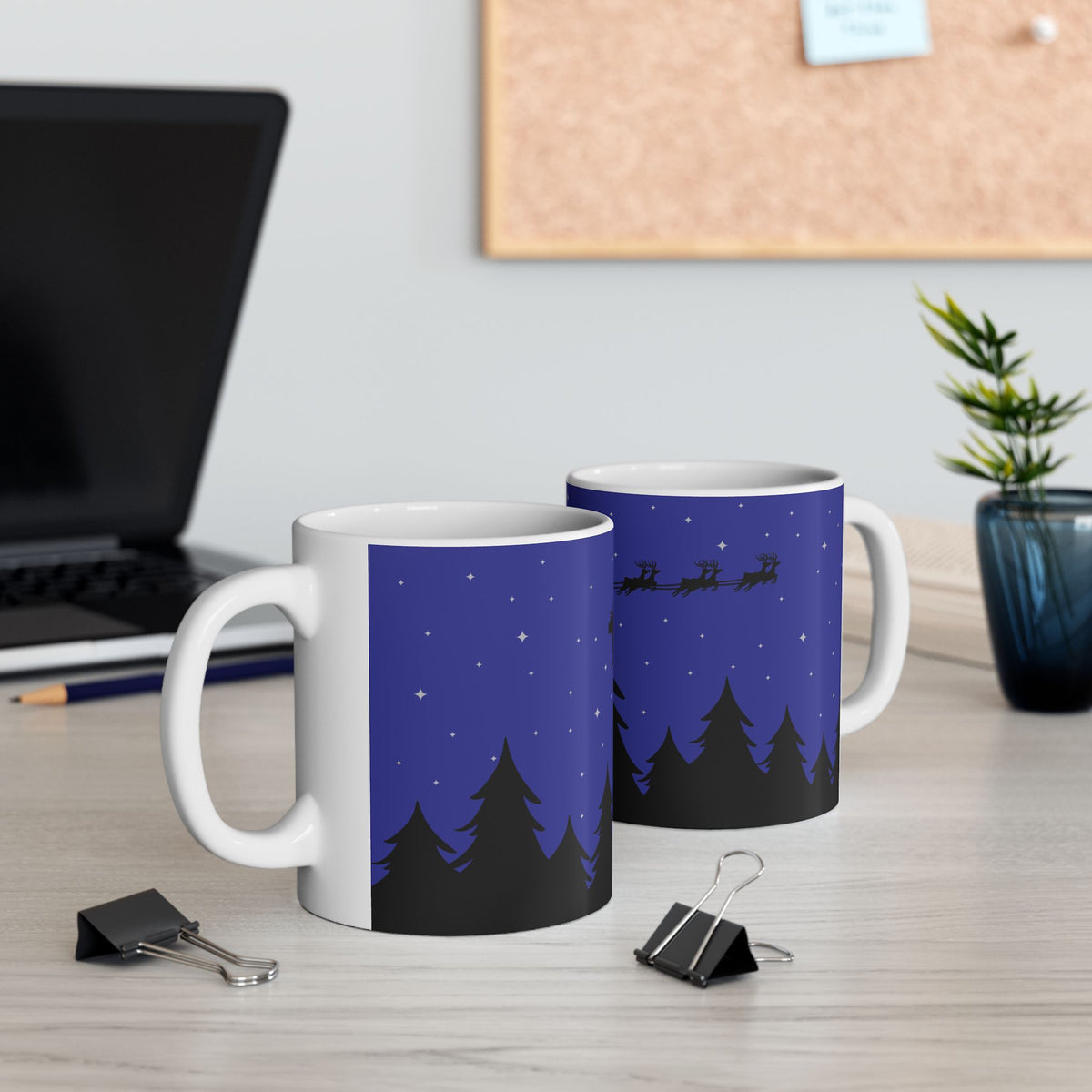 Santa Sleigh Silhouette Ceramic Mug | Night Sky Christmas Coffee Cup