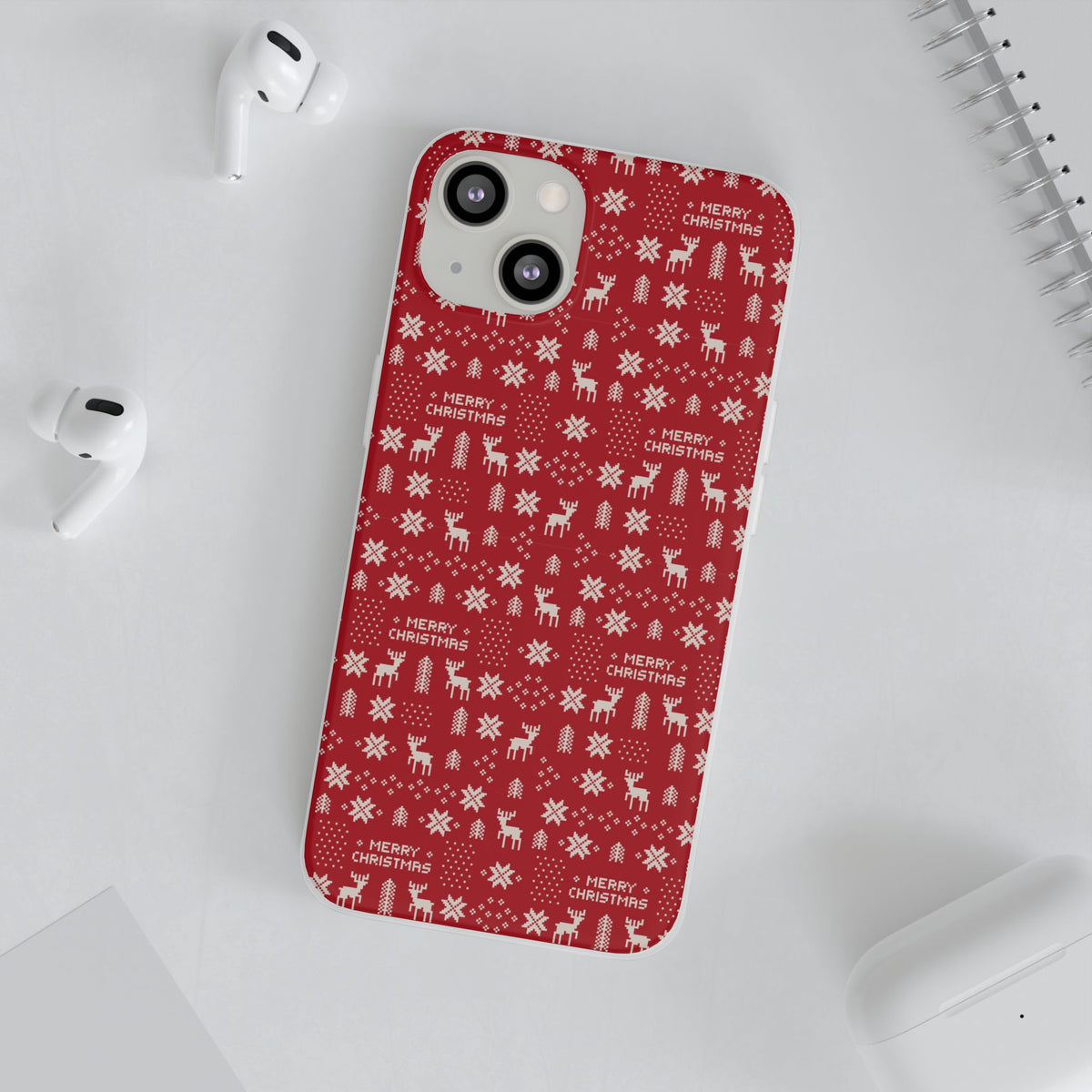 Christmas Ugly Sweater Reindeer Phone Case — "Merry Christmas" Red Holiday Flexi Case