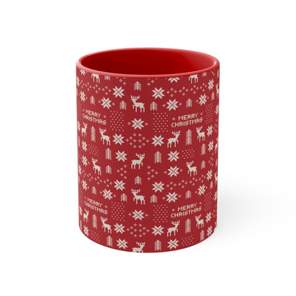 Christmas Ugly Sweater Pattern Mug — 11oz Red Accent Holiday Coffee Cup