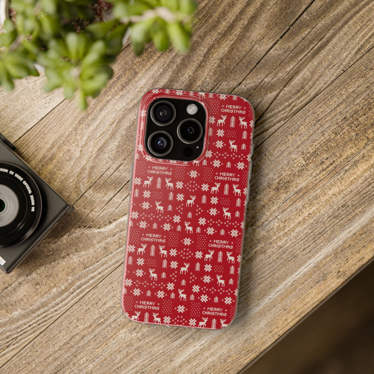 Christmas Ugly Sweater Reindeer Phone Case — "Merry Christmas" Red Holiday Flexi Case