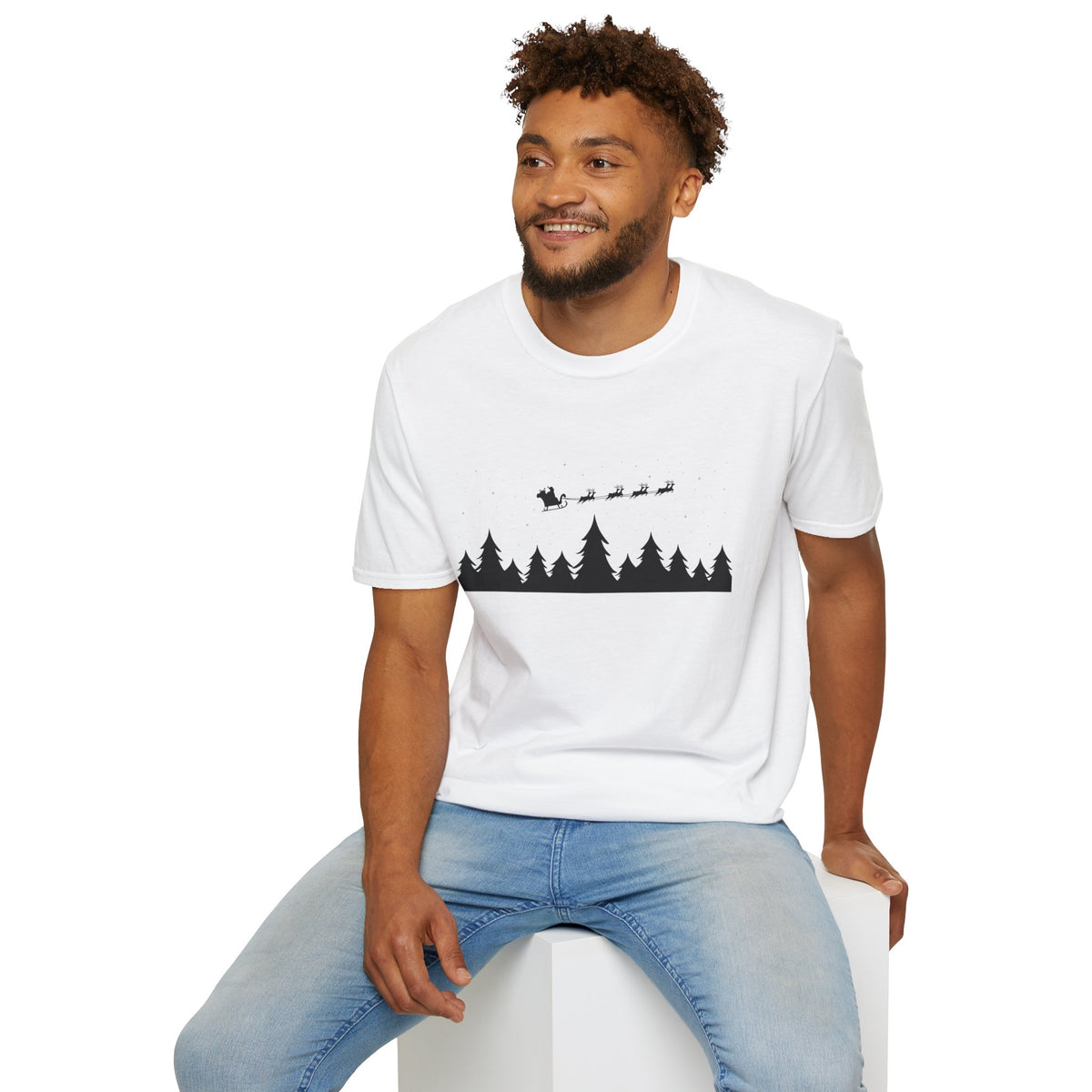 Christmas Night Sky with Pine Tree Silhouette T-Shirt | Starry Forest Scene
