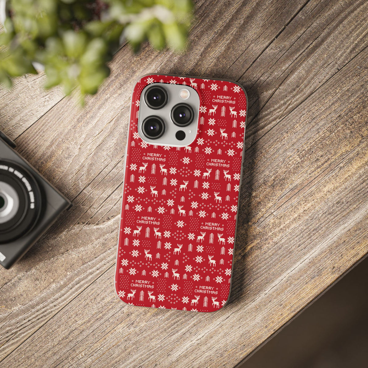 Christmas Ugly Sweater Reindeer Phone Case — "Merry Christmas" Red Holiday Flexi Case
