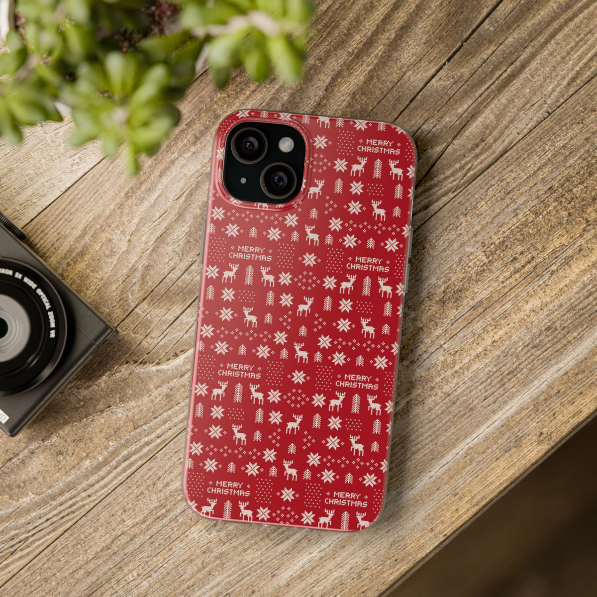 Christmas Ugly Sweater Reindeer Phone Case — "Merry Christmas" Red Holiday Flexi Case