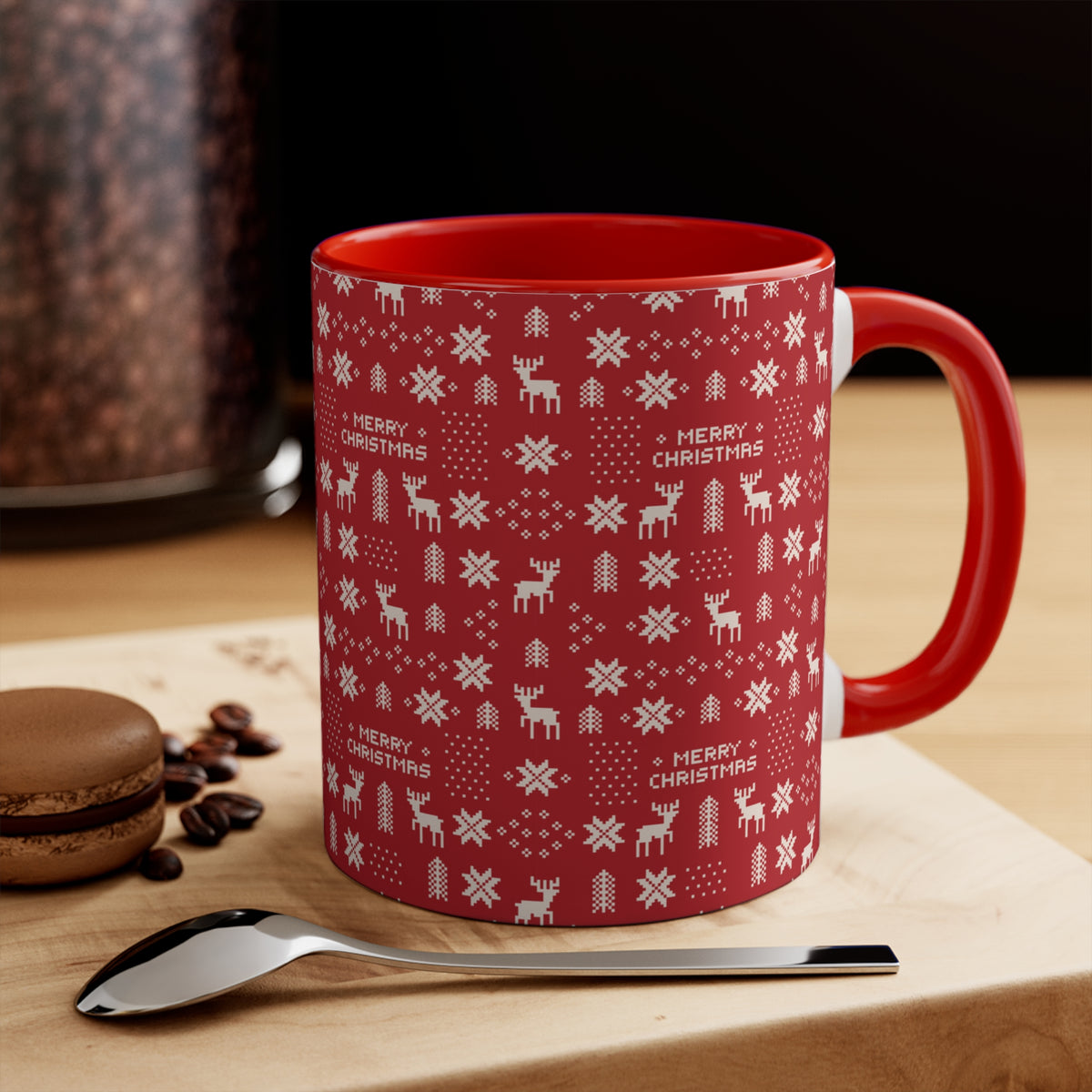 Christmas Ugly Sweater Pattern Mug — 11oz Red Accent Holiday Coffee Cup