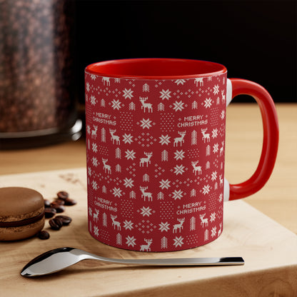 Christmas Ugly Sweater Pattern Mug — 11oz Red Accent Holiday Coffee Cup