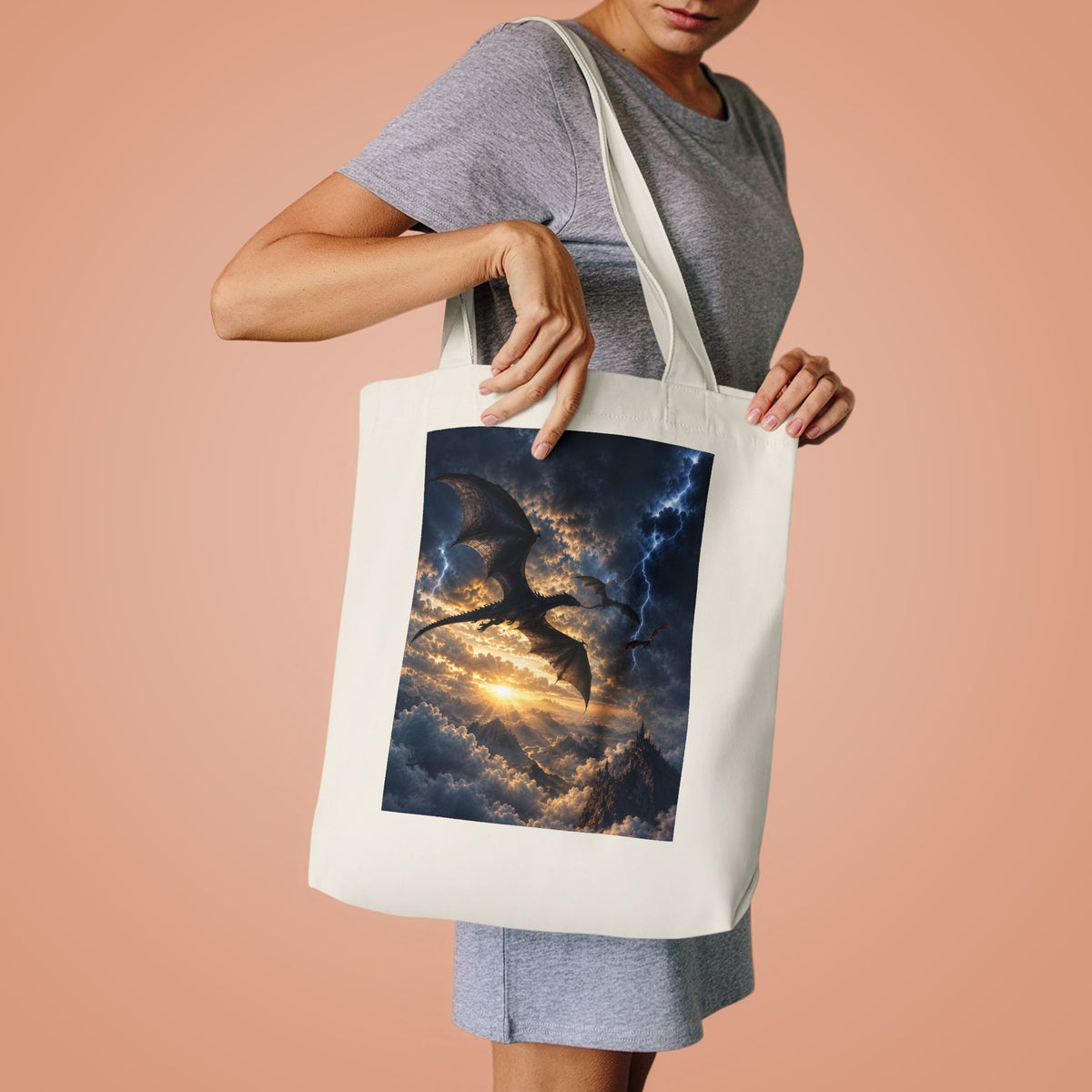 Dragon Storm Cotton Tote Bag — Fantasy Lightning Sky Tote for Book Lovers & Gamers